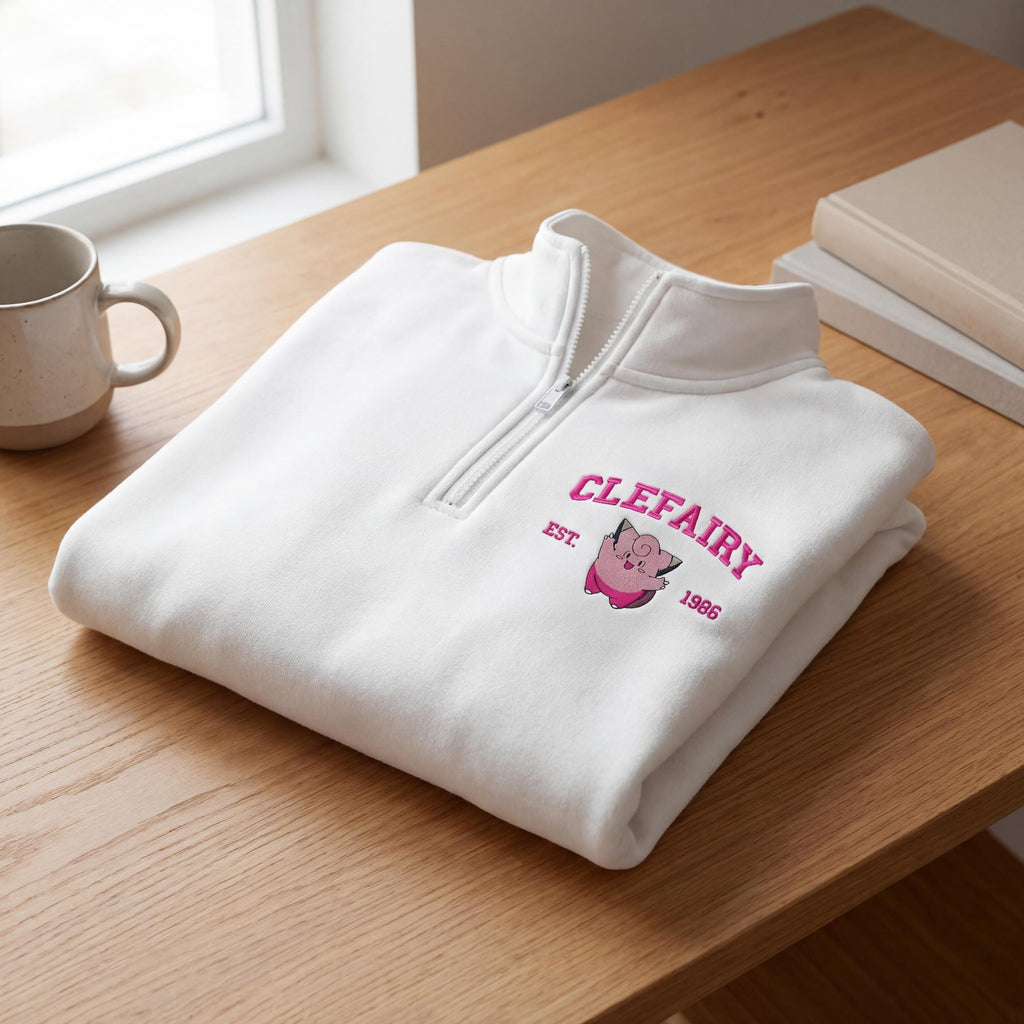 Custom Poke Anime Embroidered Quarter Zip Sweatshirt, Personalized Character Sweater, Gift for Her & Him