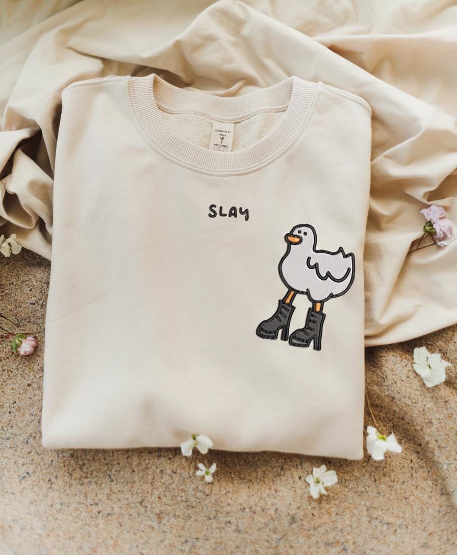 Embroidered Slay Duck Sweatshirt, Funny Duck Crewneck, Cute Monochrome Gift for Her