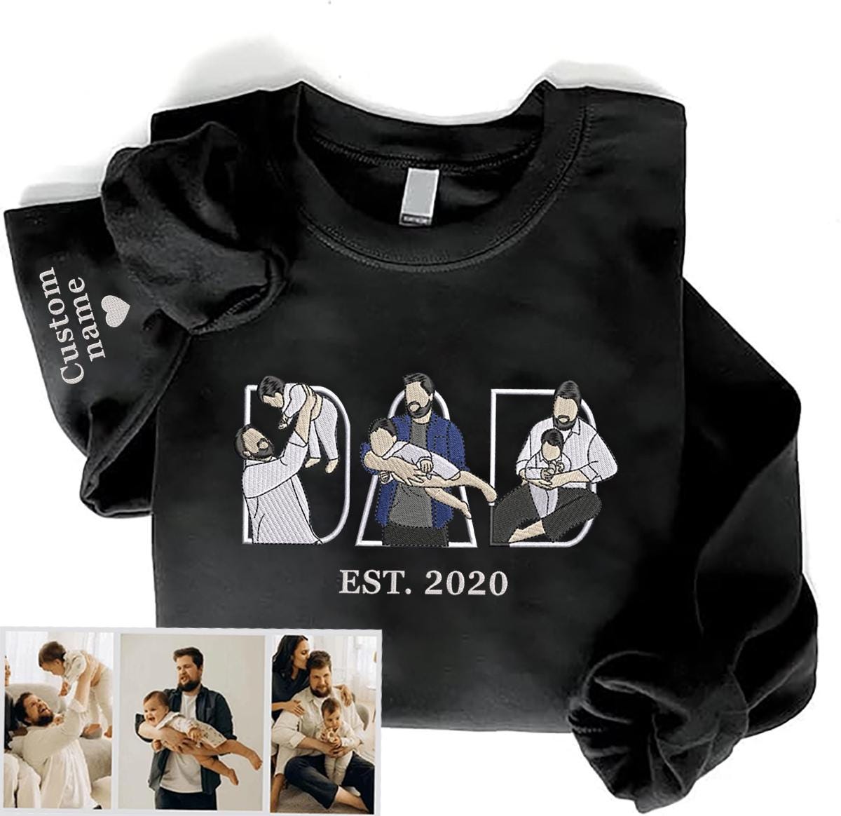 Embroidered Dad Hoodie, Custom Kid Portrait Sweatshirt, Personalized Name Sleeve