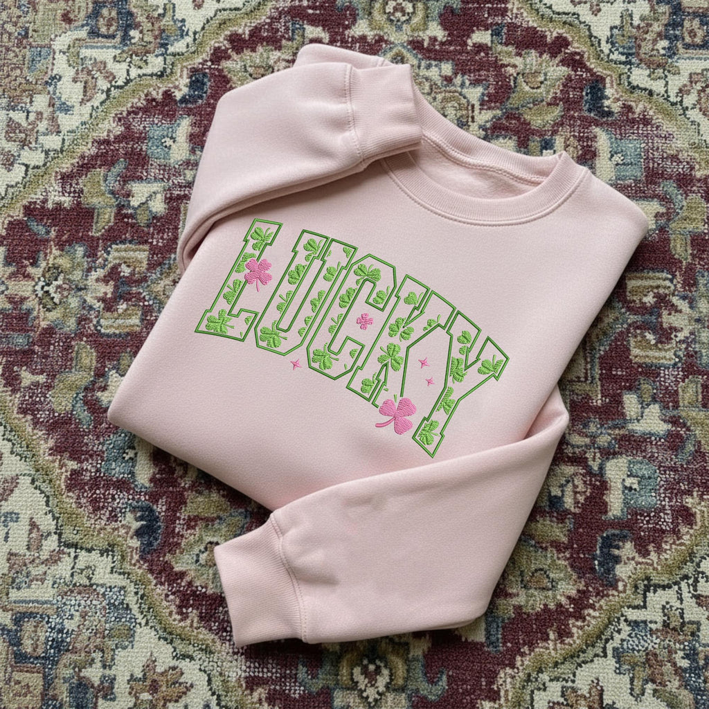 Embroidered Lucky Sweatshirt, Cute St. Patrick’s Day Sweatshirt, Women’s Shamrock Irish Crewneck, Festive Green Outfit