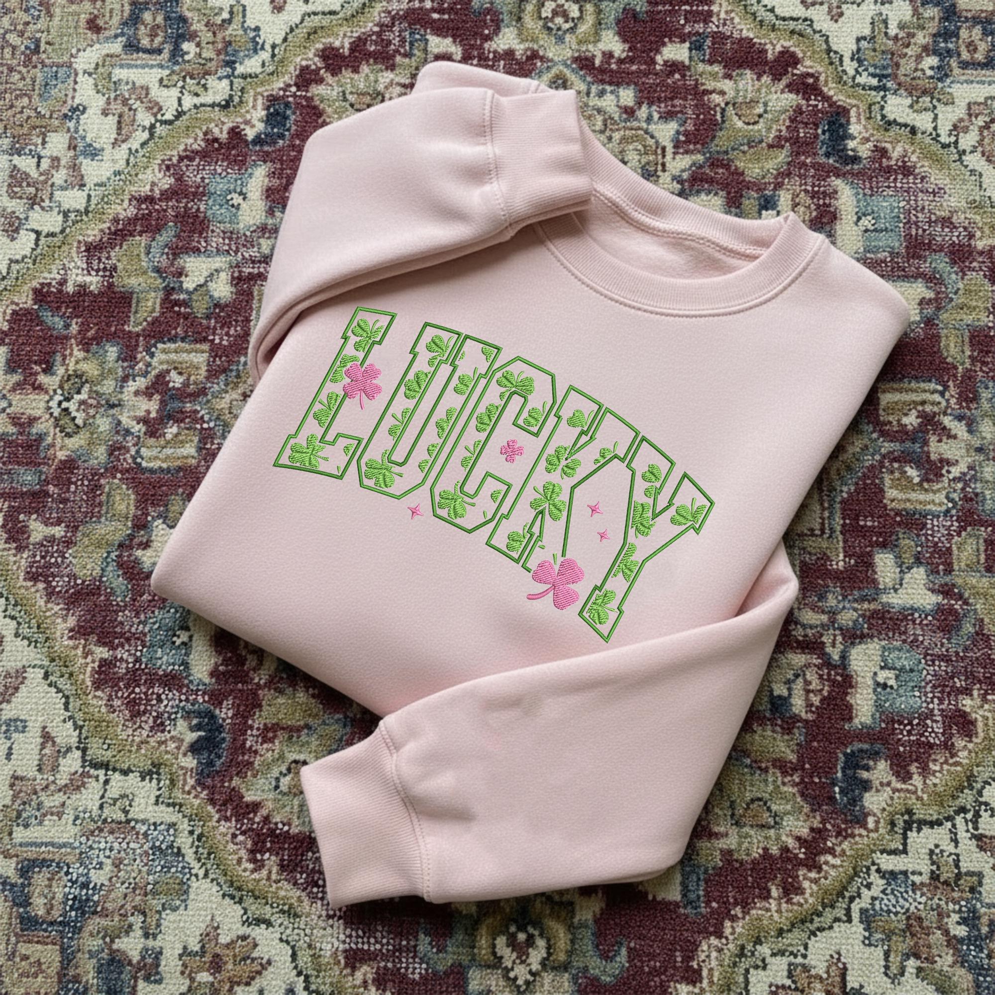 Embroidered Lucky Sweatshirt, Cute St. Patrick’s Day Sweatshirt, Women’s Shamrock Irish Crewneck, Festive Green Outfit