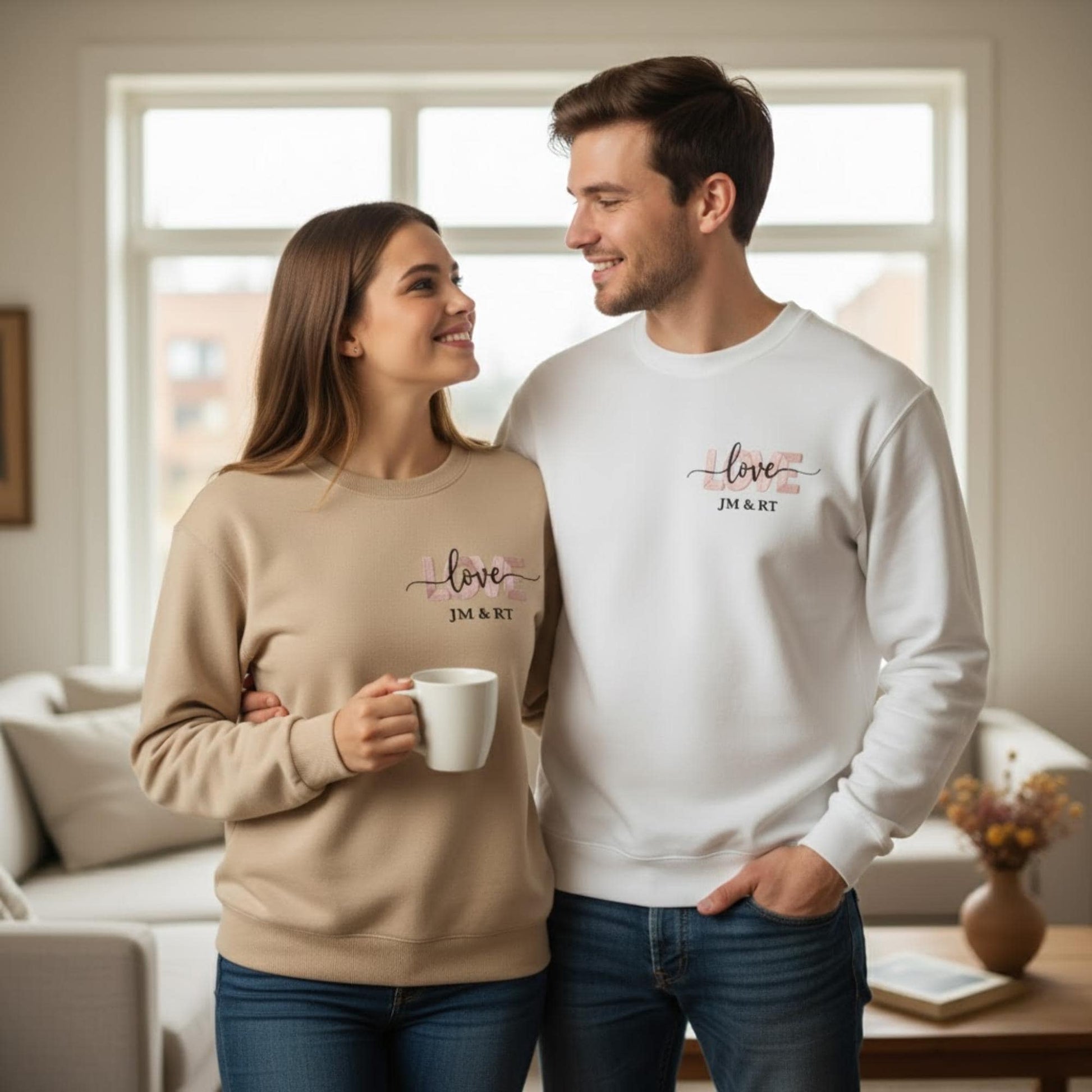 Embroidered Love Sweatshirt Matching Couples Crewneck, Romantic Valentine Gift for Him and Her