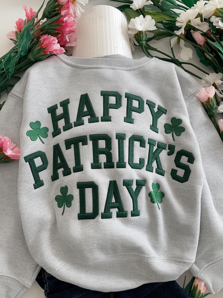 Embroidered Happy St. Patrick’s Day Toddler Sweatshirt – Cute Irish Shamrock Crewneck for Kids