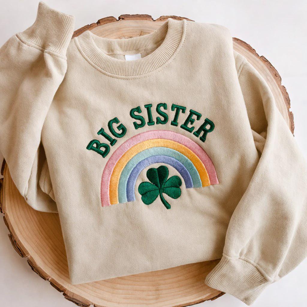Big Sister Embroidered St. Patrick’s Day Sweatshirt – Kids Shamrock Embroidered Crewneck, Cute Irish Green Sweatshirt