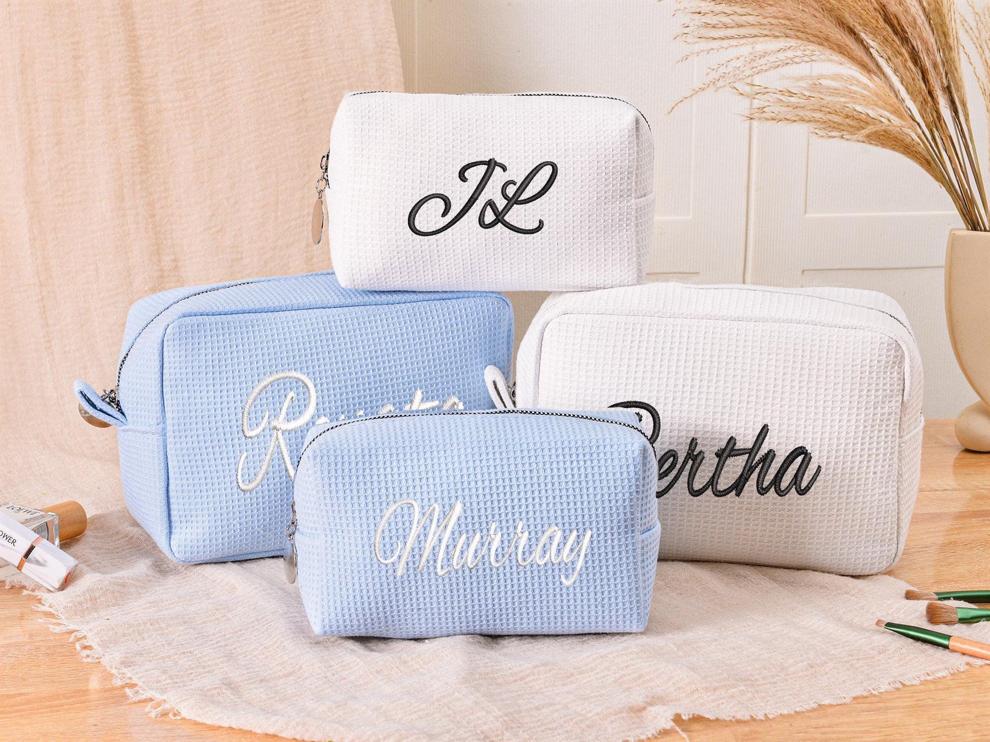 Custom Name Waffle Makeup Bag – Embroidered Monogram Cosmetic Pouch, Bridesmaid Gift, Gift for Her