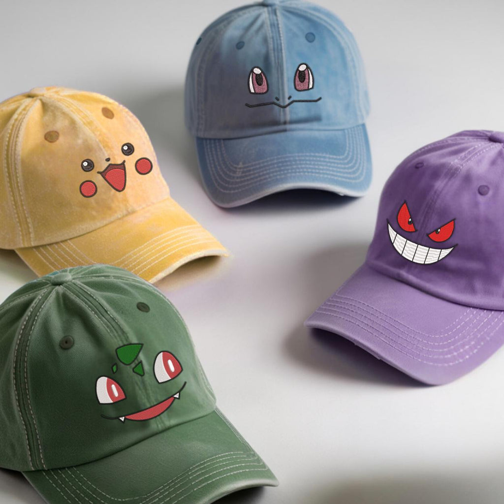 Embroidered Poka Face Washed Hat, Custom Baseball Washed Cap, Personalized Gift For Anime Fan, Pocket Beast Baseball Cap