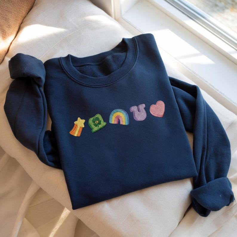 Lucky Charm Embroidered Sweatshirt, St Patrick’s Day Shamrock Rainbow Crewneck, Irish Gift Shirt