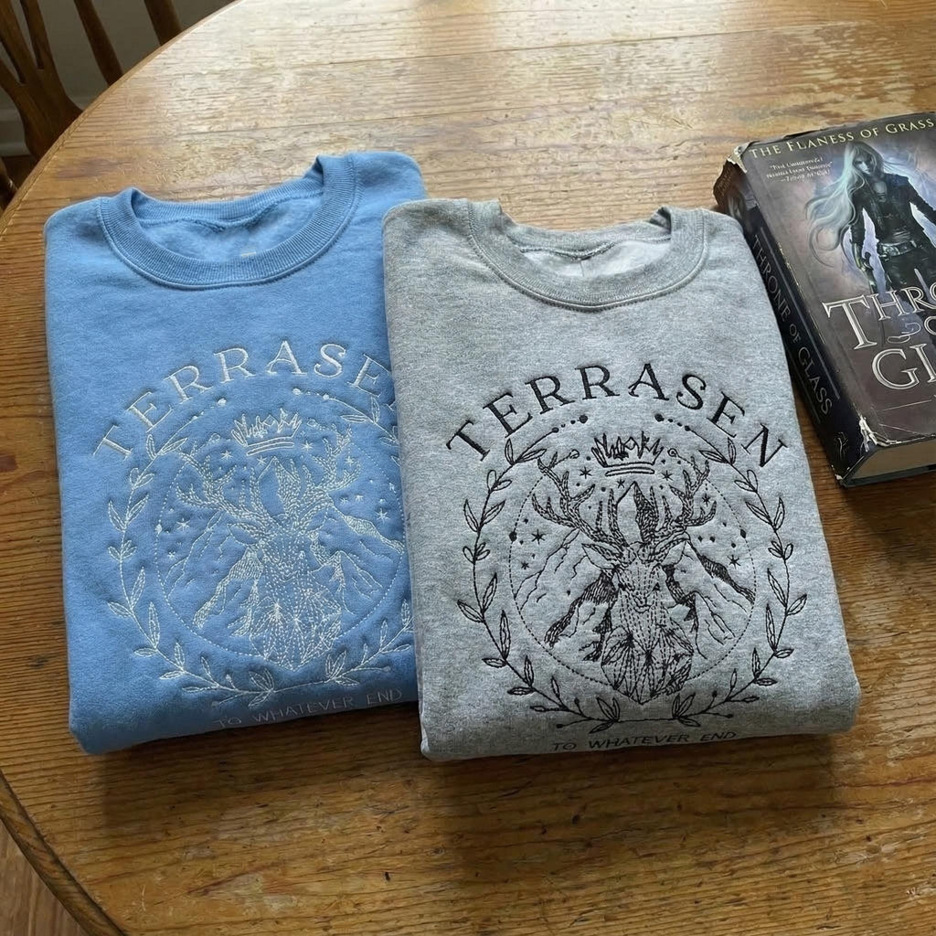 Terrasen To Whatever End Embroidered Sweatshirt, Fireheart Hoodie, SJM Throne of Glass Shirt, ACOTAR Book Lover Gift,Fantasy Reader Crewneck