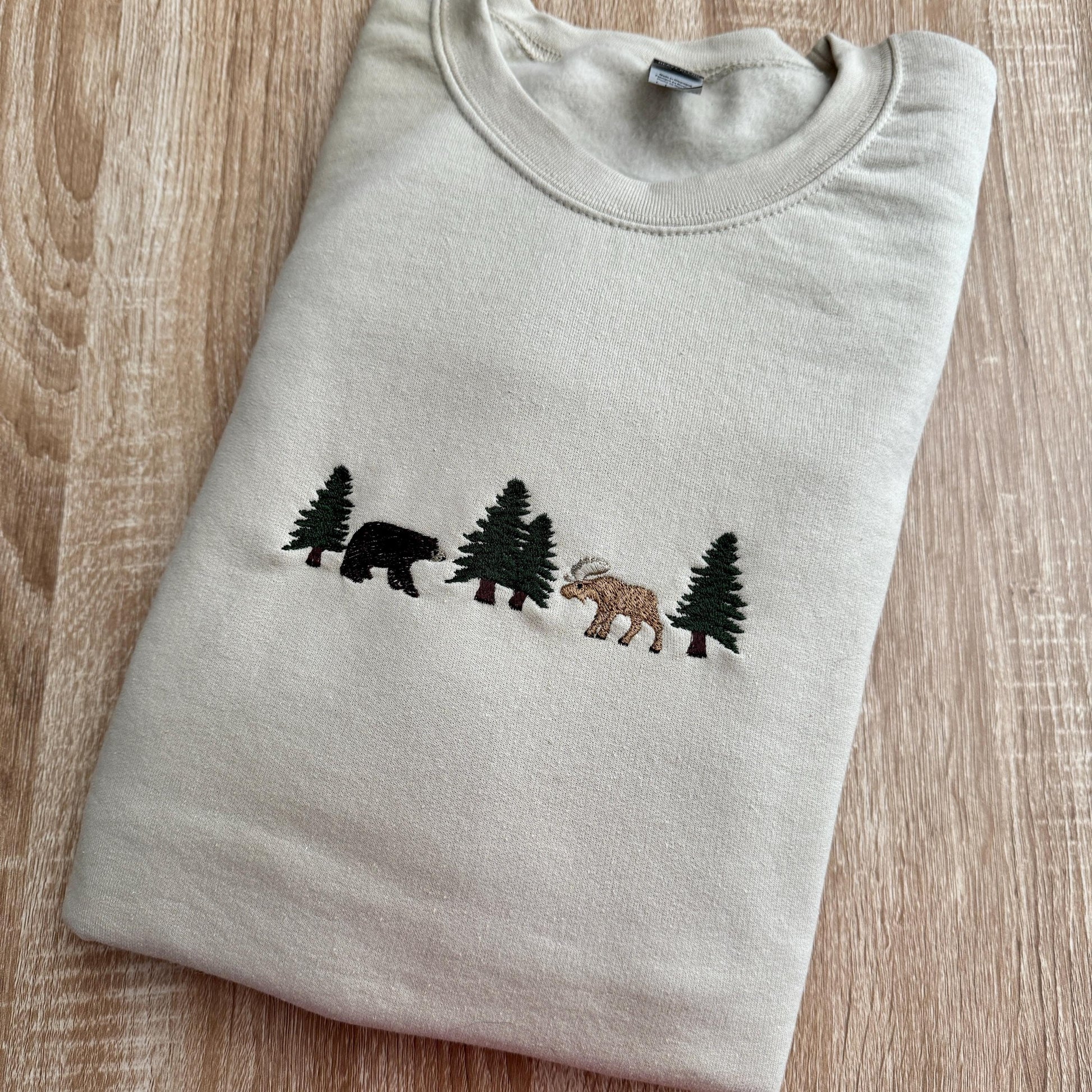 Embroidered Nature Sweatshirt, Bear and Moose Forest Wildlife Crewneck, Cozy Handmade Embroidery Gift