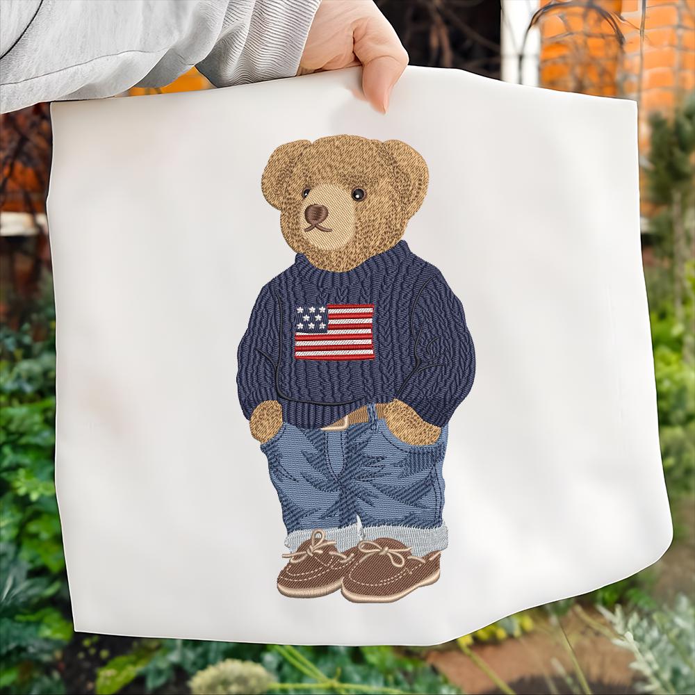 Stylish Winter Bear Embroidery Sweatshirt – Teddy Bear Holiday Machine Embroidered Shirt