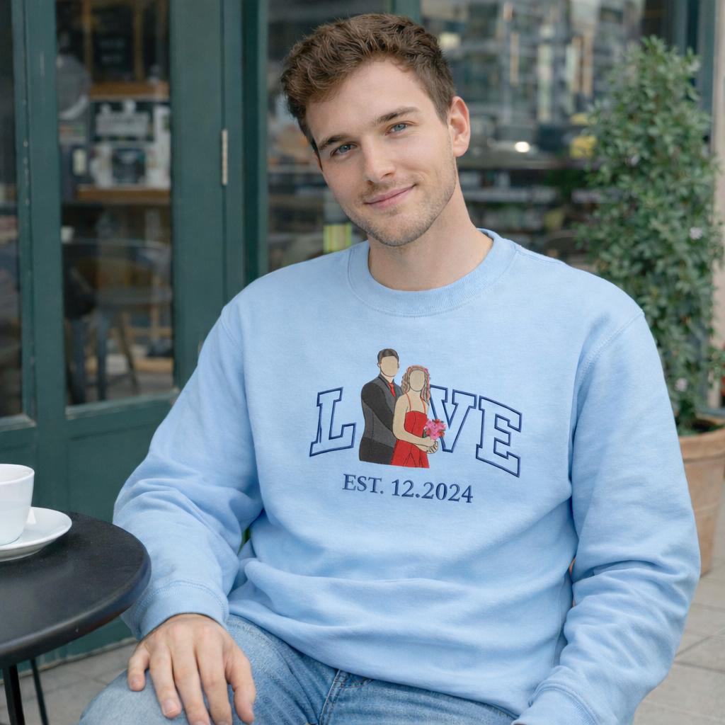 Custom Embroidered Hoodie for Girlfriend, Couple Portrait Embroidery Hoodie, Personalized Valentine Sweatshirt