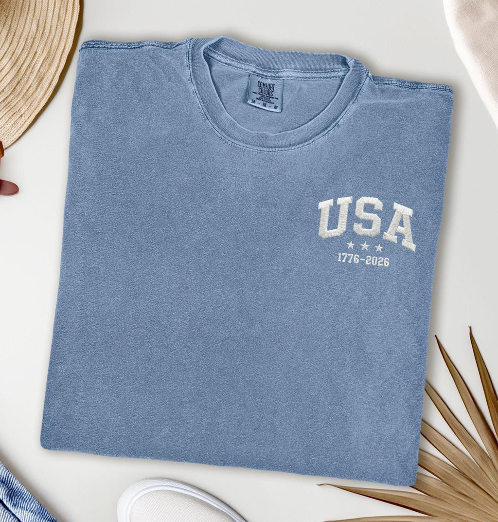 USA 250 Embroidered Left Chest Design Patriotic 1776 2026 Minimalist American Anniversary Tee Gift America Birthday Shirt