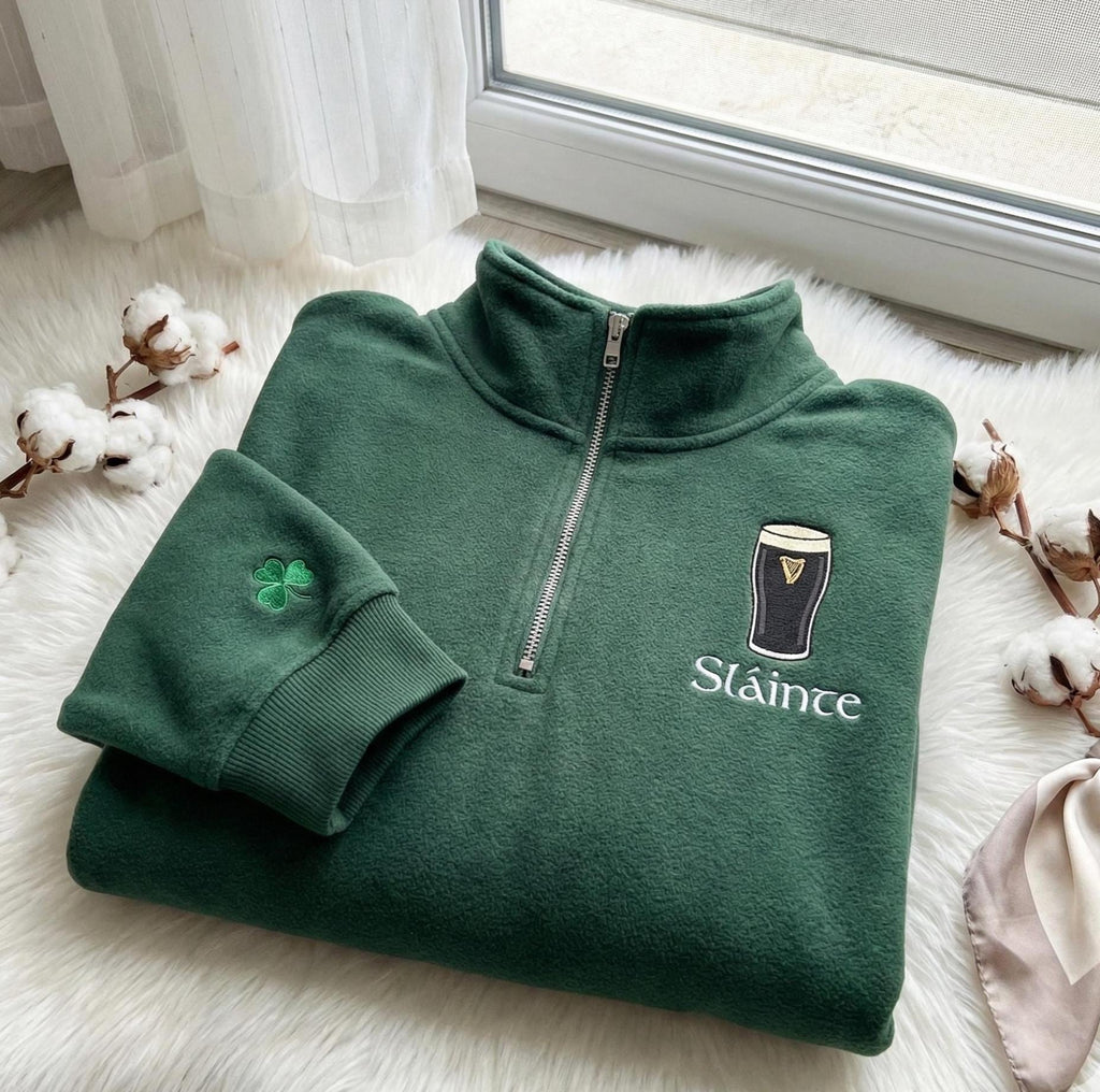 Embroidered Sláinte Guinness Quarter Zip Sweatshirt, Irish Drinking Design, St Patrick’s Day Gift