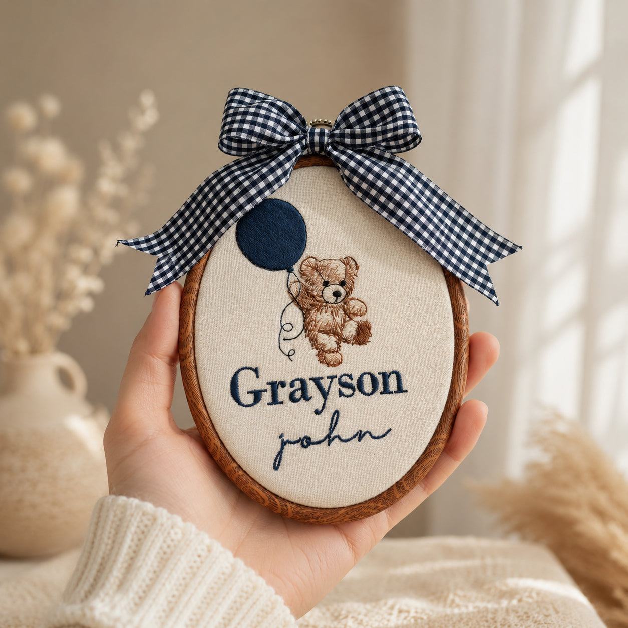 Personalized Embroidered Baby Name Sign with Teddy Bear Balloon Design, Custom Nursery Hoop Art, Baby Boy/Girl Wall Decor Gift EM08