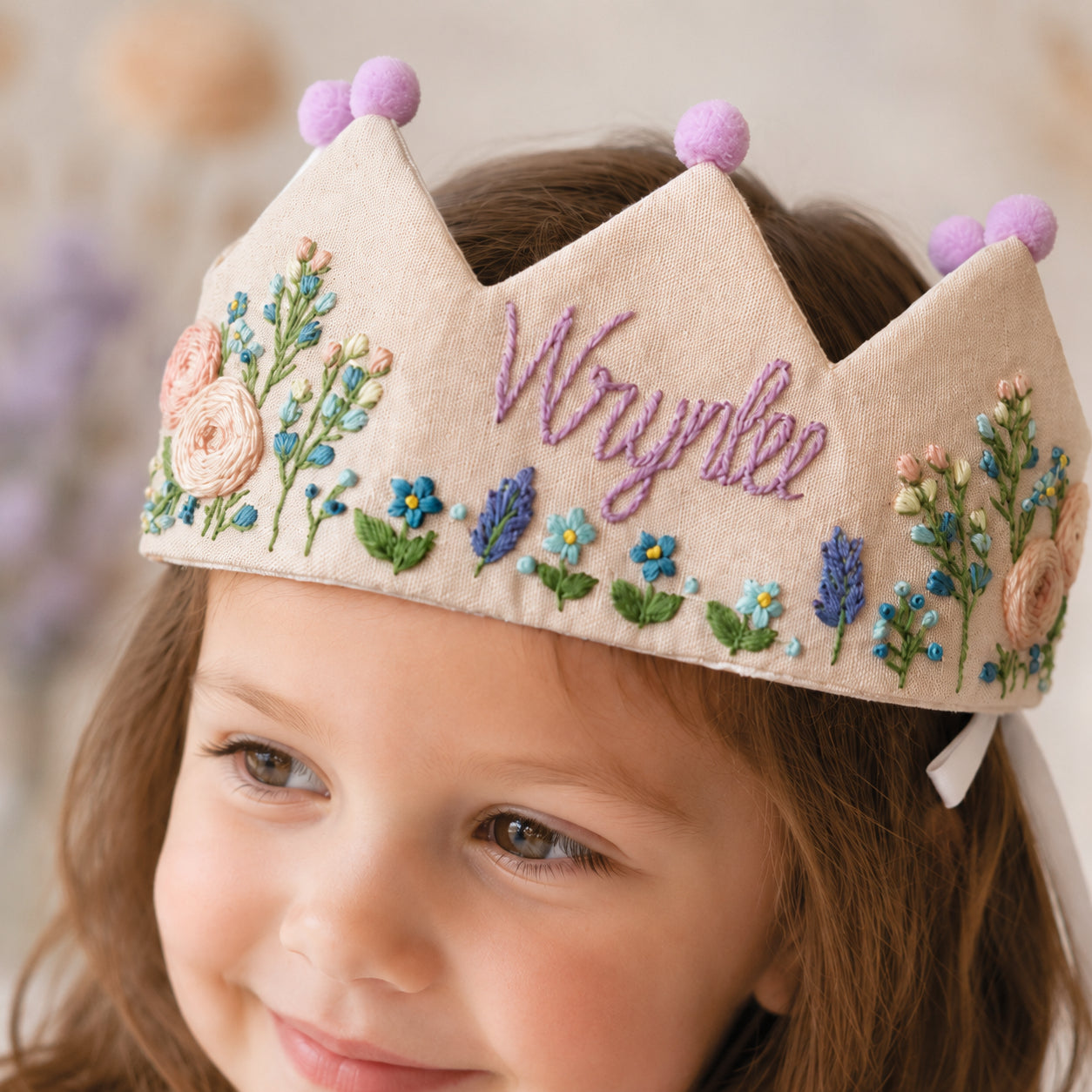 Hand-Embroidered Floral Linen Birthday Crown, Personalized Floral Name Keepsake, Birthday Crown For Kid, Custom Embroidered Crown EMC04