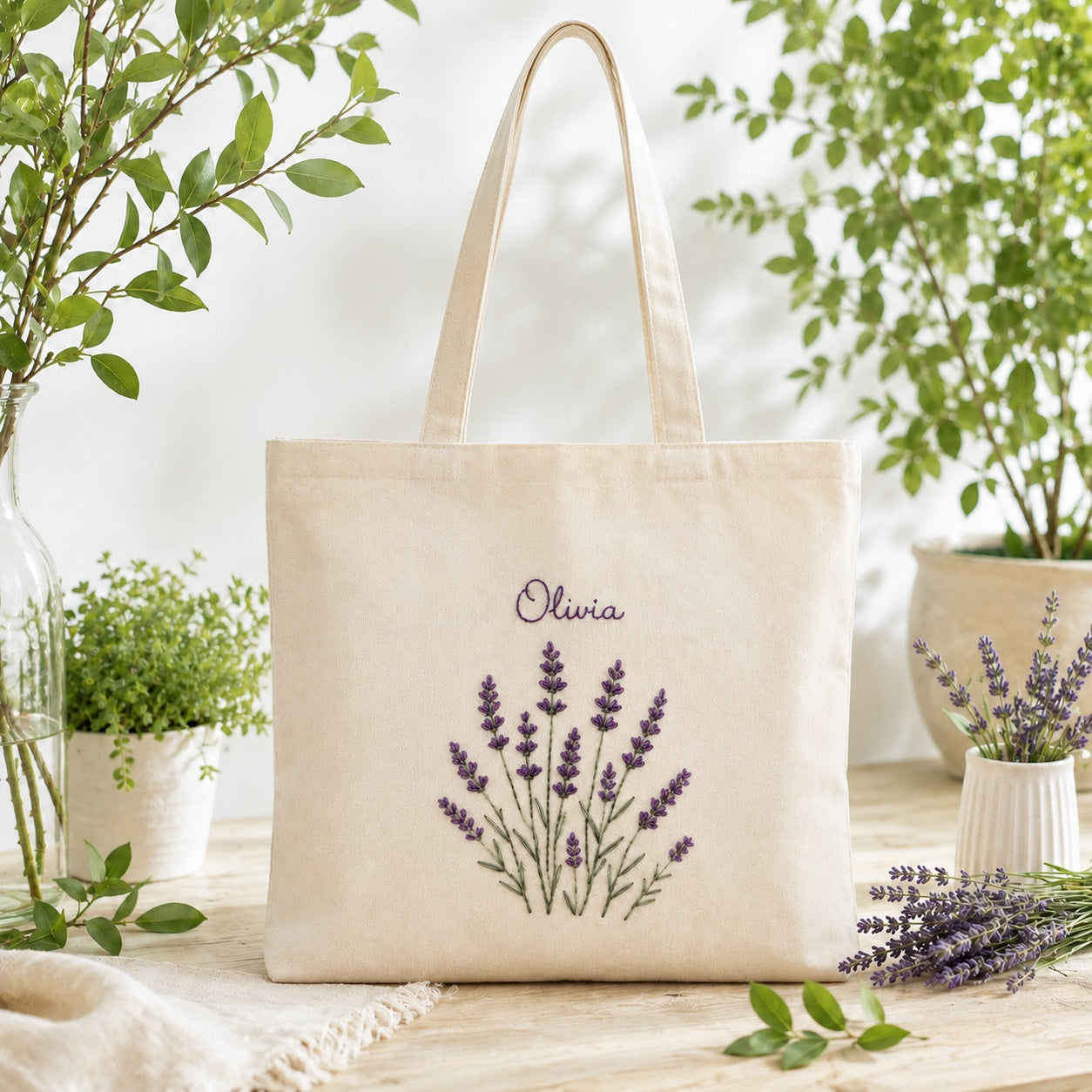 Personalized Hand Embroidered Lavender Canvas Tote Bag, Embroidery Flower Tote Bag, Custom Bag, Aesthetic Bag, Handmade Tote Bag EMT03