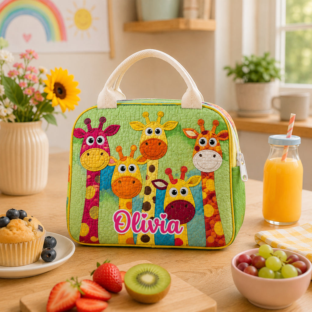 Giraffe Quilted Lunch Bag, Insulated Quilted Lunch Tote, Animal Lunch Bag, Back To School Bag, Custom Kid Lunch Bag, Picnic Bag, Reusable Lunch Tote QLB03