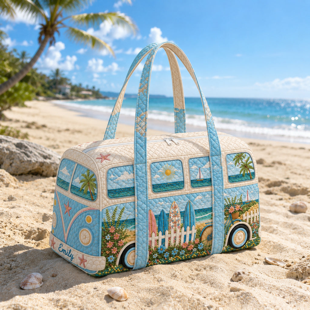 Personalized Beach Van Quilted Duffle Bag, Custom Coastal Travel Bag with Name, Surf Bus Weekender, Beach Lover Gift DFB25