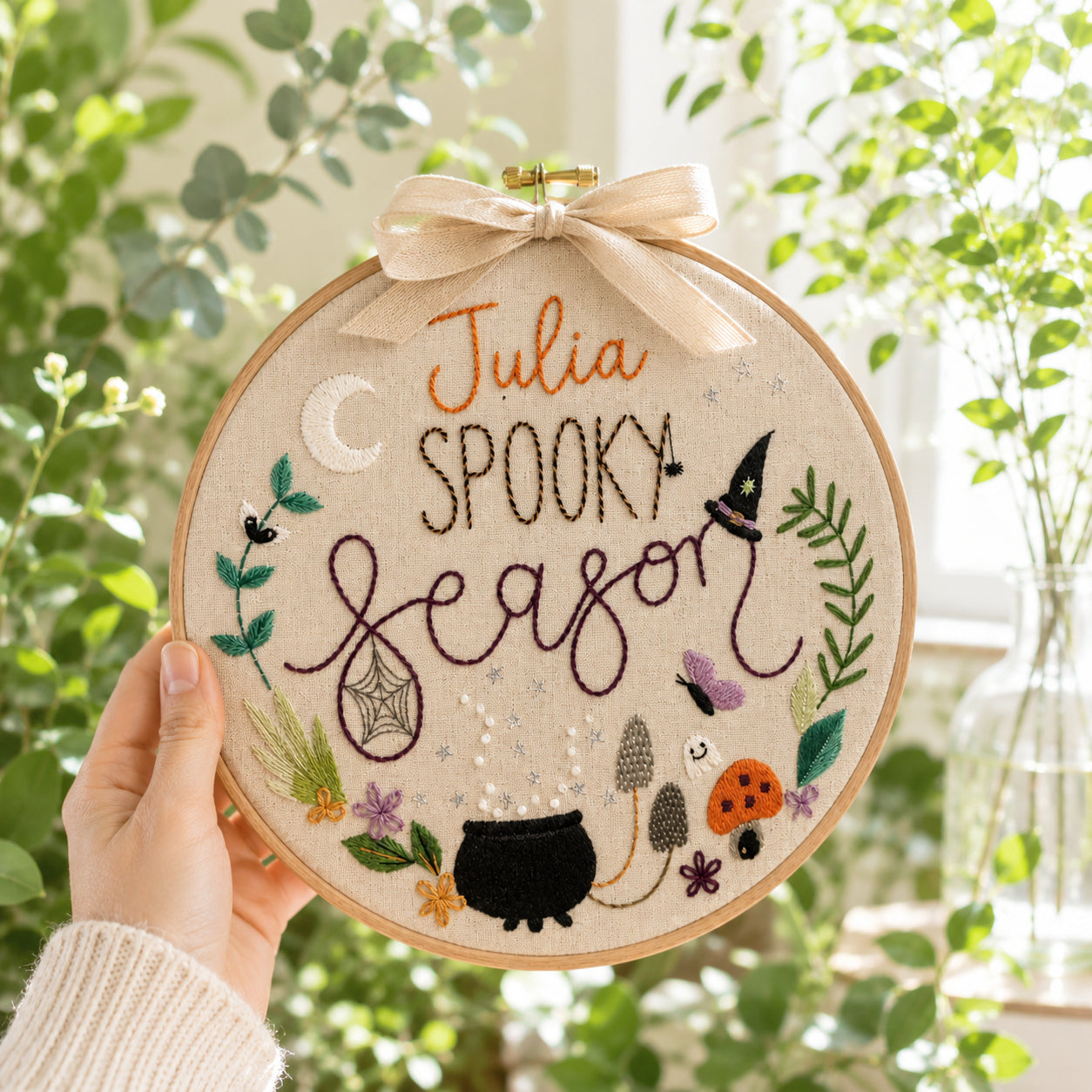 Personalized Spooky Season Embroidery Hoop, Custom Halloween Name Decor, Witch Cauldron Embroidery Art, Handmade Fall Wall Hanging Gift HOOP04