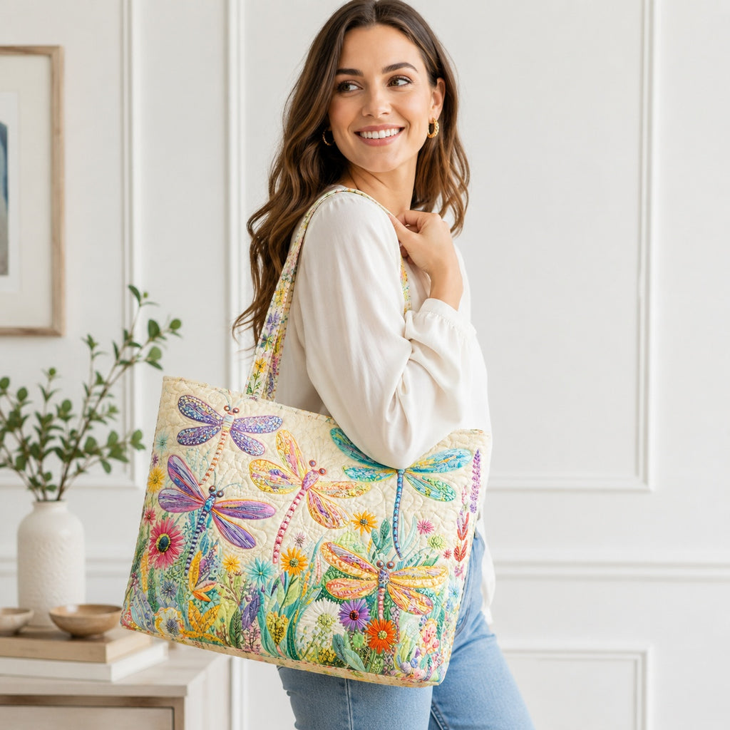 Dragonfly Floral Quilted Tote Bag, Dragonfly Shoulder Bag, Flower Art Tote, Fabric Tote Bag, Gift Bag QTOTE28