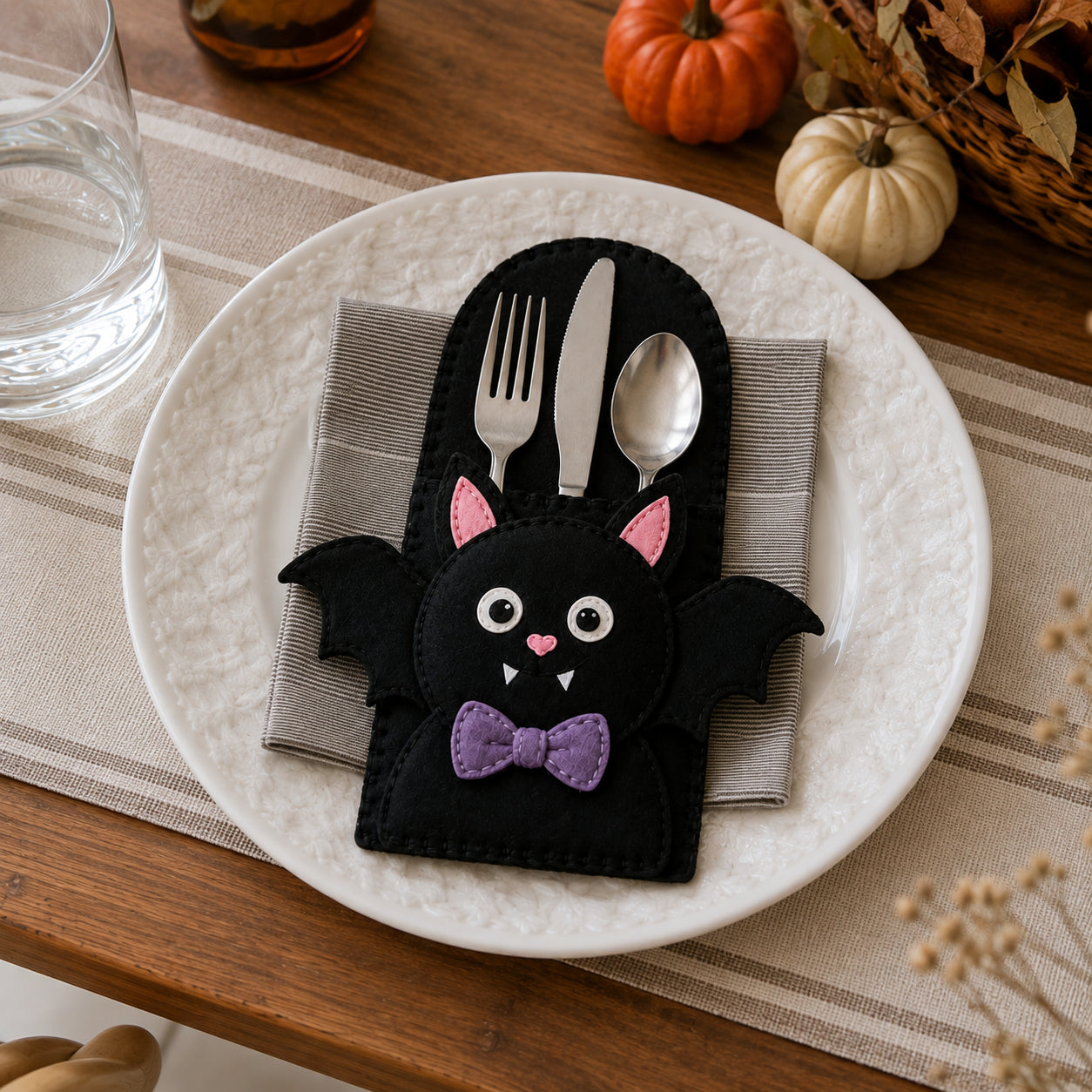 Halloween Bat Felt Cutlery Holder, Handmade Halloween Silverware Holder, Halloween Table Decor, Cutlery Pocket, Holiday Dining Decor FELTCH03