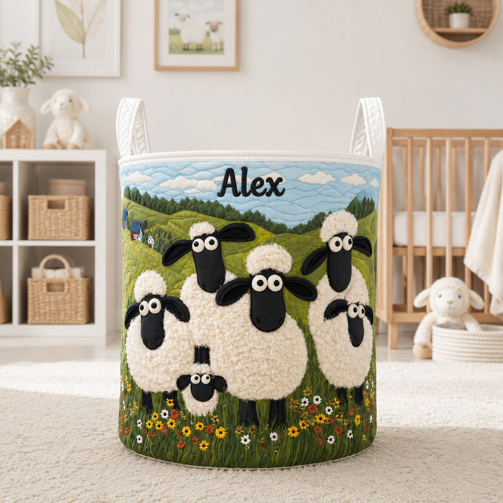 Cute Sheep Pattern Quilted Laundry Basket, Sheep Storage Hamper, Custom Name Quilted Basket, Laundry Room Decor, Fabric Clothes Basket QBK77