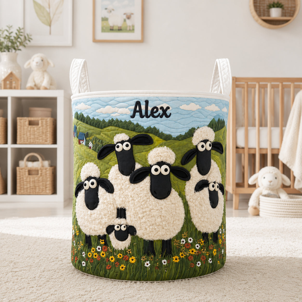 Cute Sheep Pattern Quilted Laundry Basket, Sheep Storage Hamper, Custom Name Quilted Basket, Laundry Room Decor, Fabric Clothes Basket QBK77