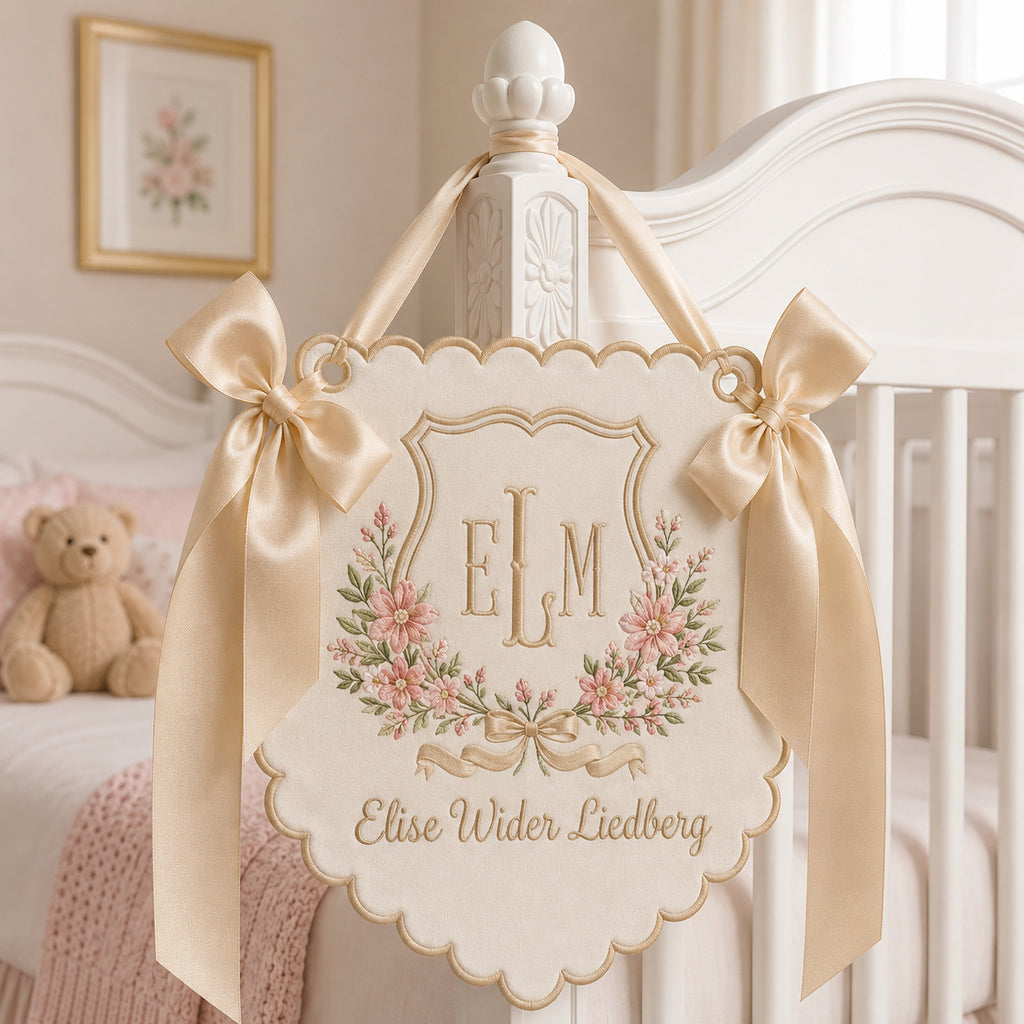 Personalized Embroidered Floral Baby Name Banner, Custom Monogram Nursery Pennant, Hospital Door Announcement, Newborn Nursery Decor Gift BBFLAG03