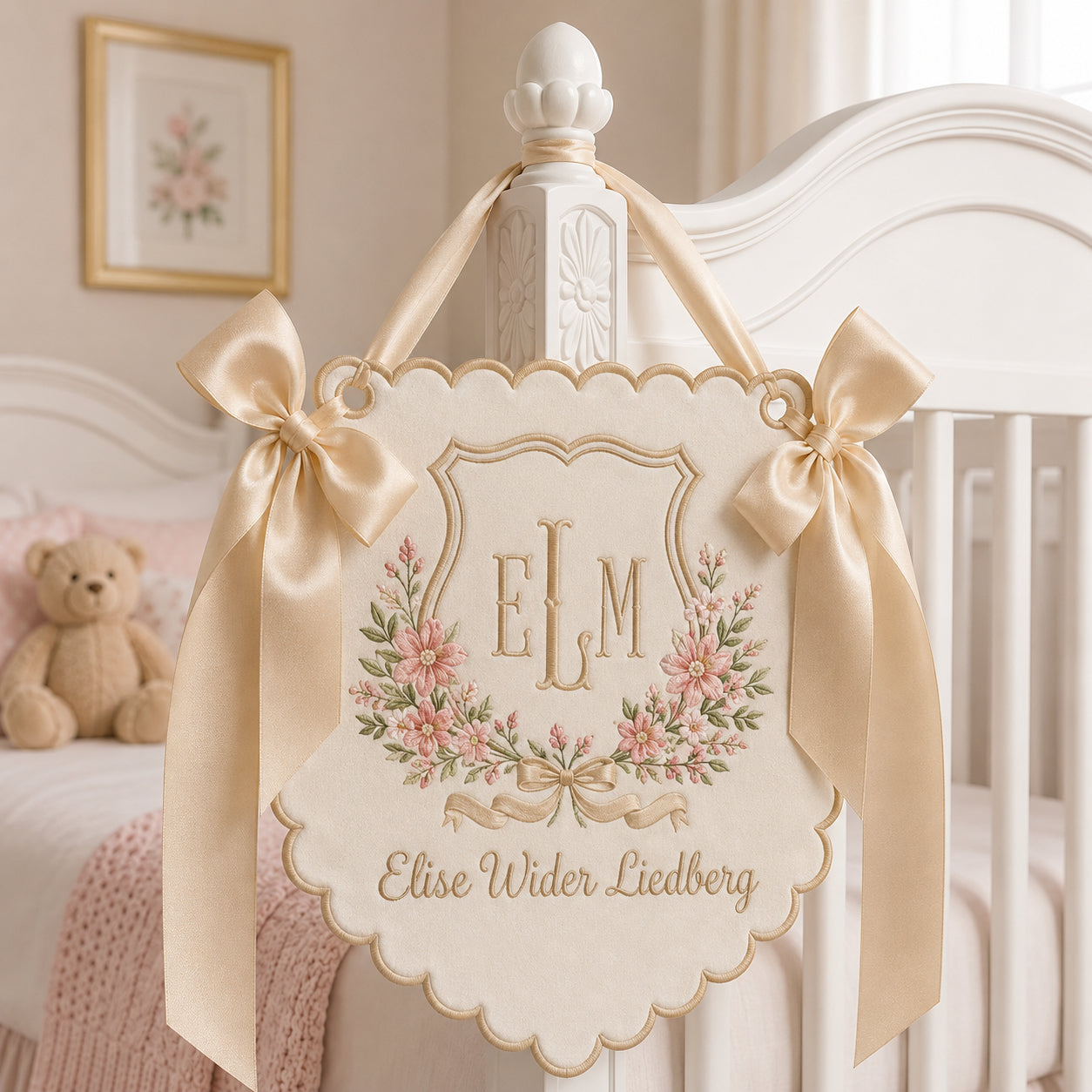Personalized Embroidered Floral Baby Name Banner, Custom Monogram Nursery Pennant, Hospital Door Announcement, Newborn Nursery Decor Gift BBFLAG03
