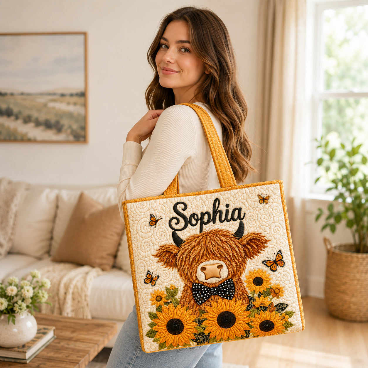 Highland Cow Quilted Tote Bag, Sunflower Cow Tote Bag, Quilted Shoulder Bag, Quilted Book Bag, Fabric Bag QTOTE54