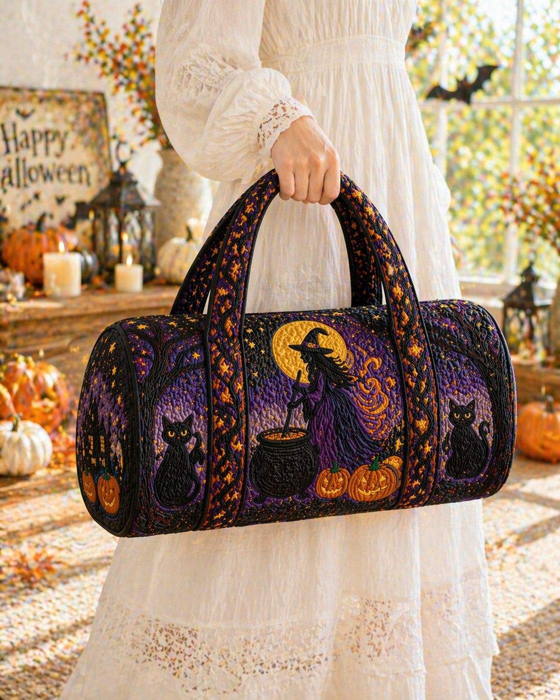 Halloween Witch Quilted Duffle Bag, Witch Duffle Bag, Overnight Bag, Quilted Travel Bag, Quilted Weekend Bag, Custom Bag Gift DFB22