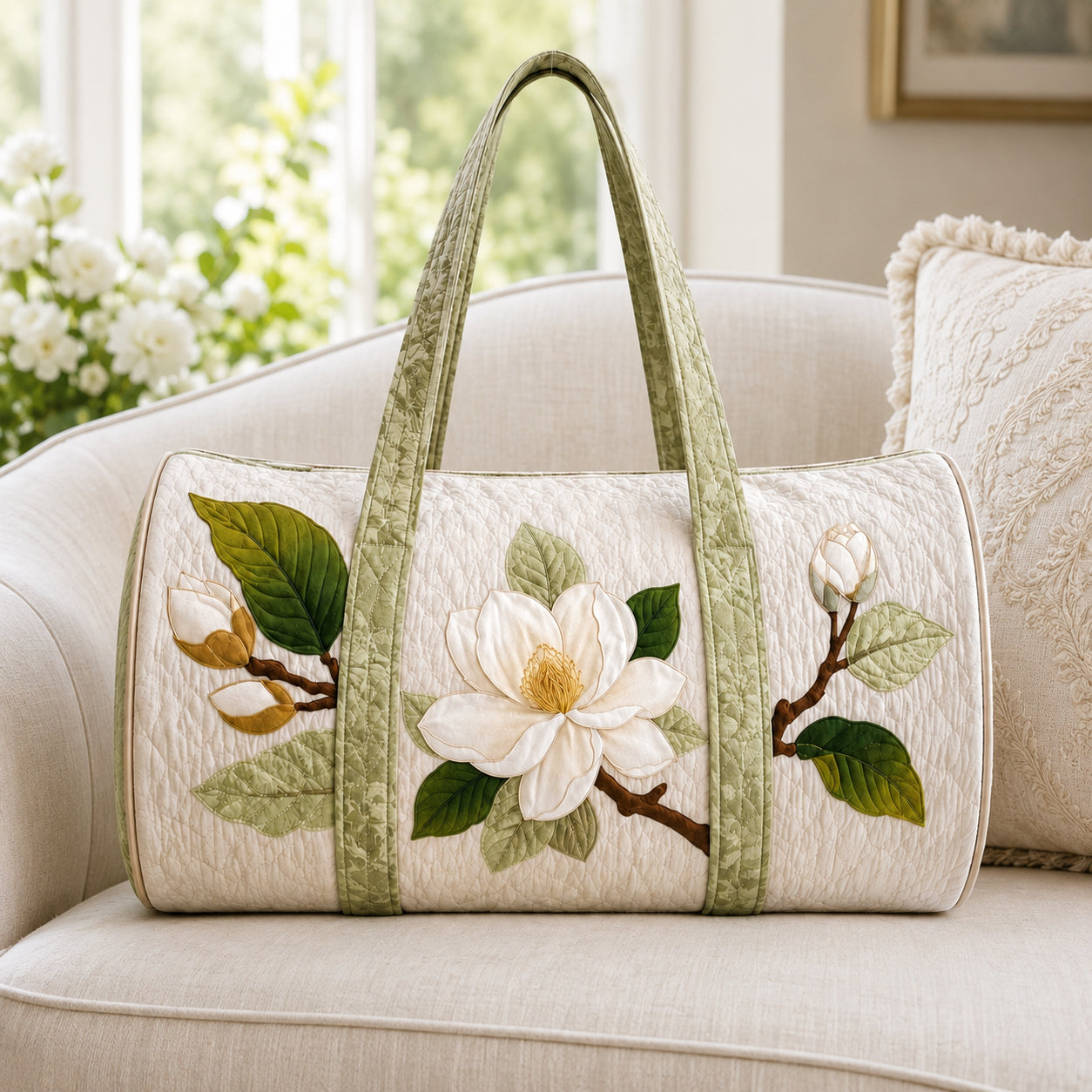 Personalized Magnolia Flower Quilted Duffle Bag, Floral Duffle Bag, Quilted Travel Bag, Quilted Weekend Bag, Custom Bag Gift DFB03