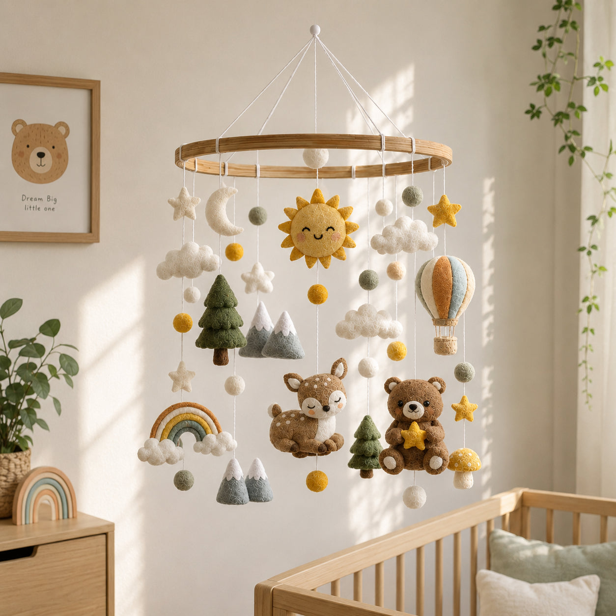 Personalized Woodland Animals Felt Baby Mobile, Handmade Bear and Deer Nursery Crib Mobile, Sun Rainbow and Hot Air Balloon Baby Room Decor BBMB03