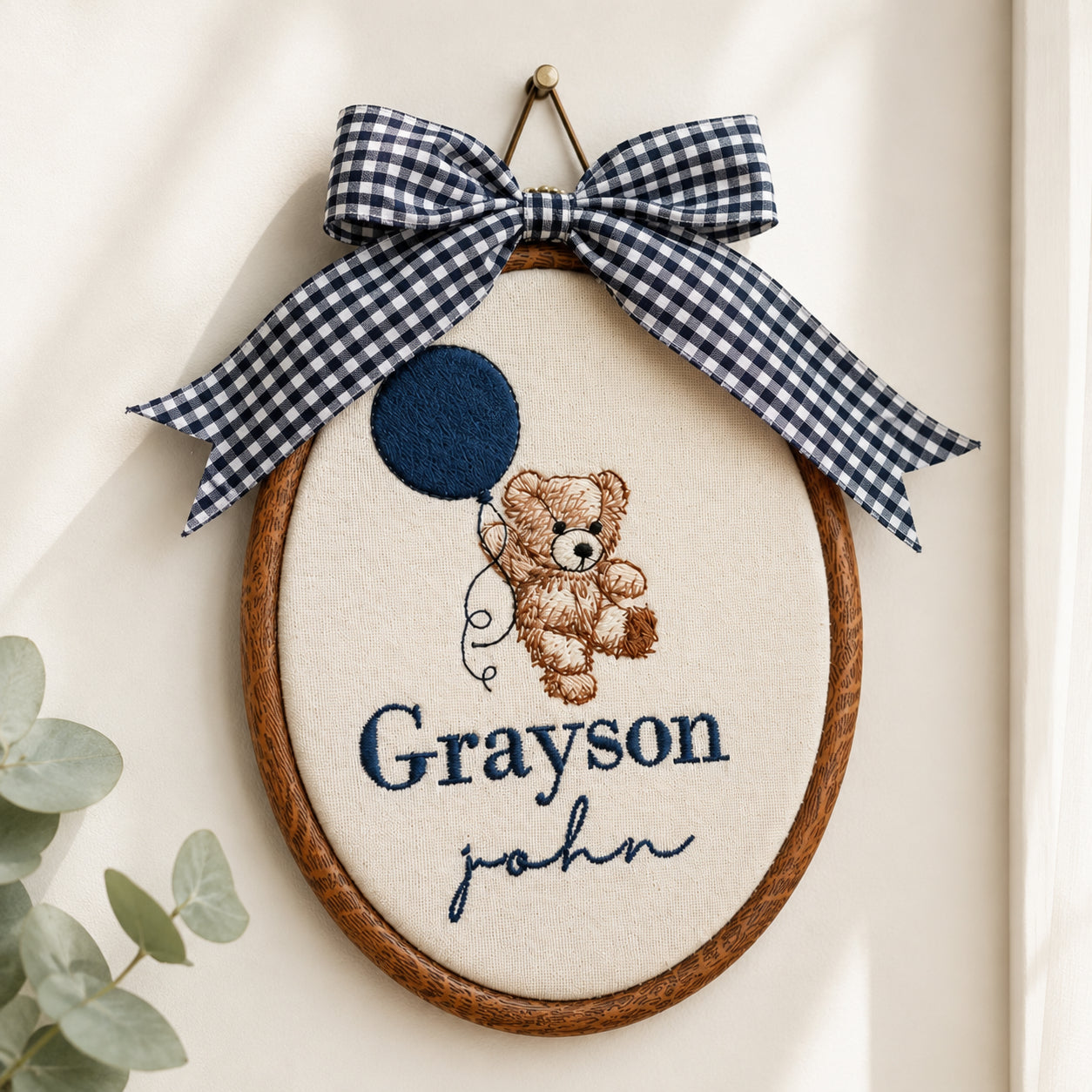 Personalized Embroidered Baby Name Sign with Teddy Bear Balloon Design, Custom Nursery Hoop Art, Baby Boy/Girl Wall Decor Gift EM08