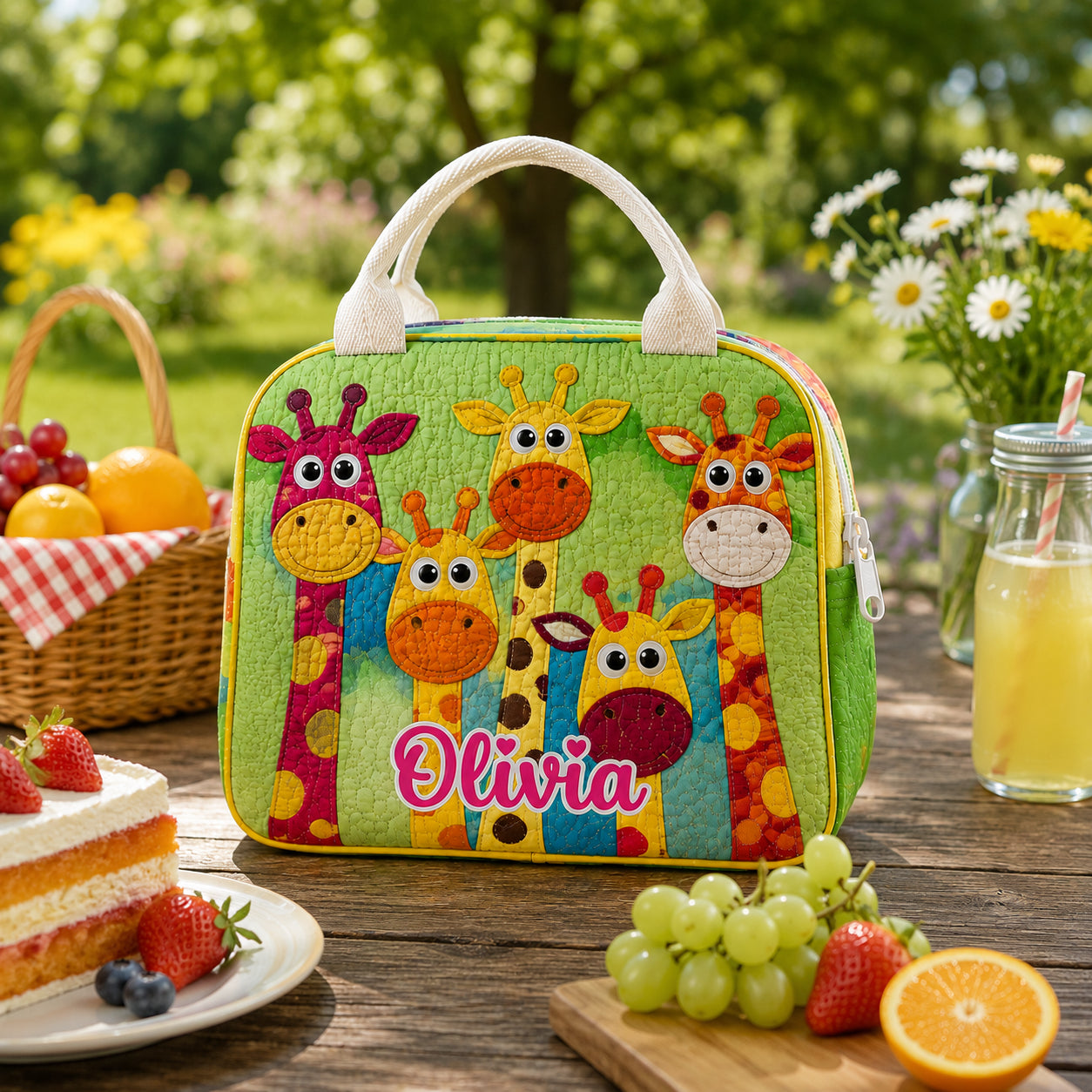 Giraffe Quilted Lunch Bag, Insulated Quilted Lunch Tote, Animal Lunch Bag, Back To School Bag, Custom Kid Lunch Bag, Picnic Bag, Reusable Lunch Tote QLB03