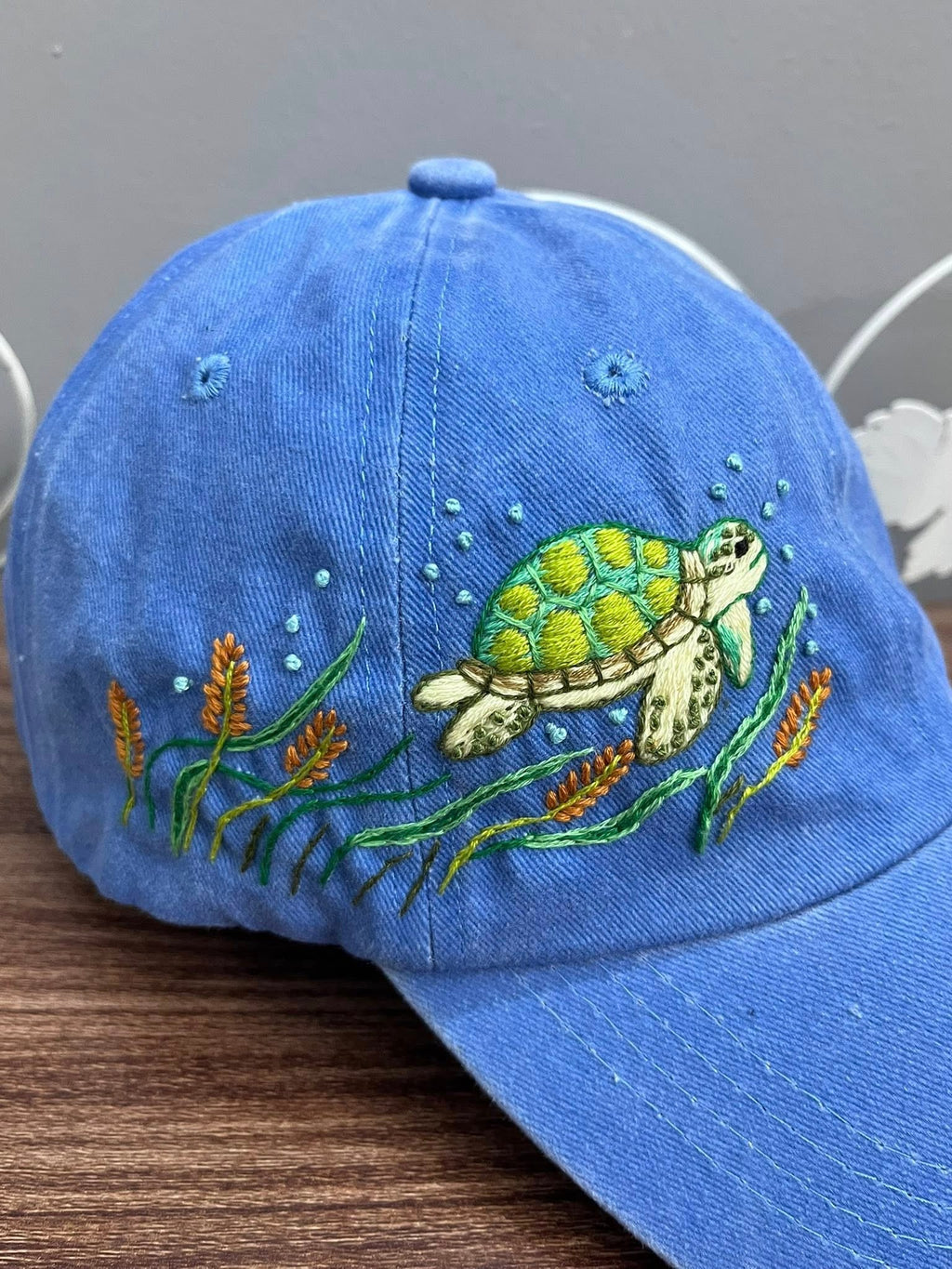 Sea Turtle Hand-Embroidered Baseball Cap, Custom Embroidered Cap, Flower Hand Embroidered Cap, Custom Hat Embroidery, Gift For Her EMH03
