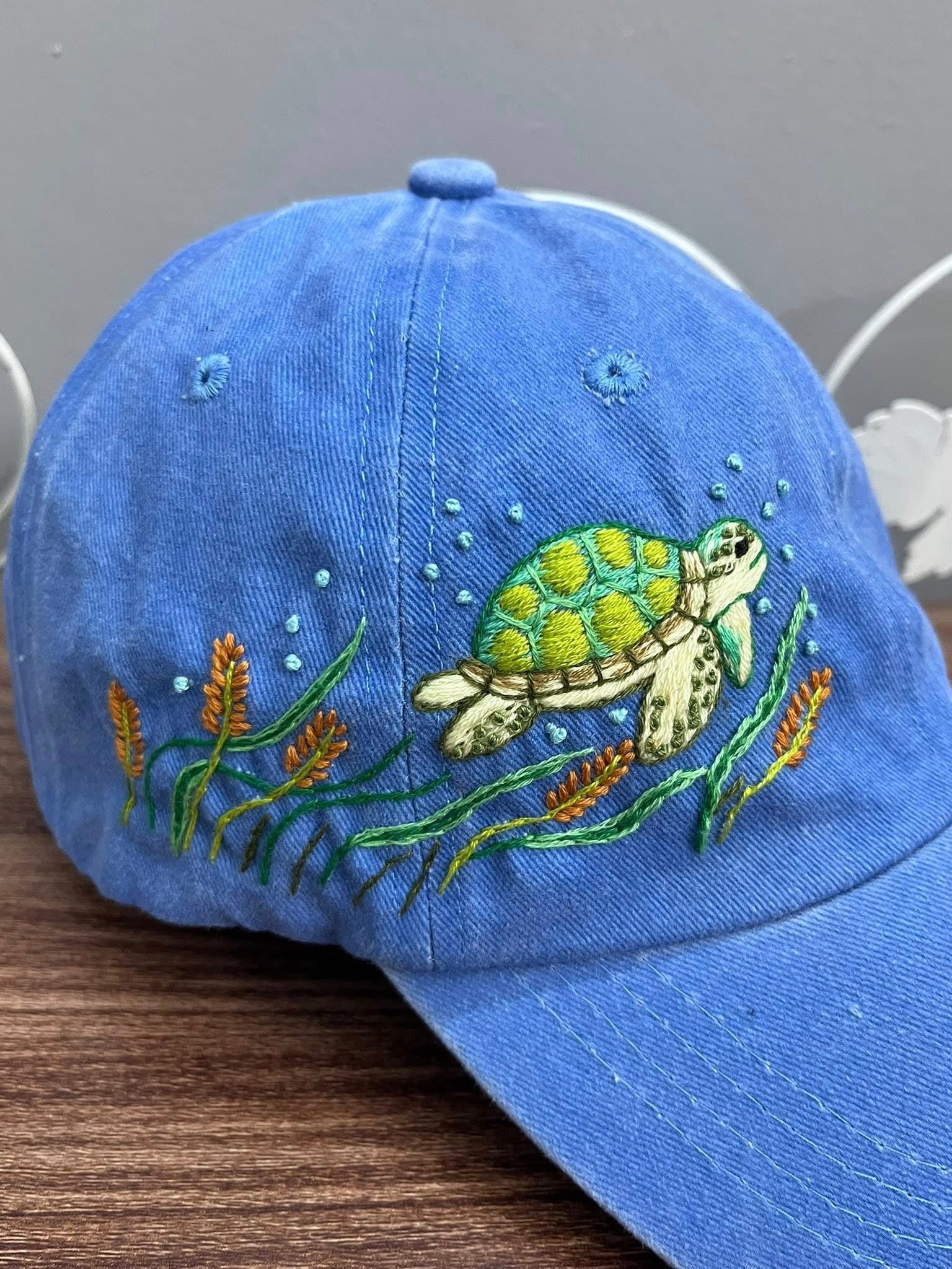 Sea Turtle Hand-Embroidered Baseball Cap, Custom Embroidered Cap, Flower Hand Embroidered Cap, Custom Hat Embroidery, Gift For Her EMH03