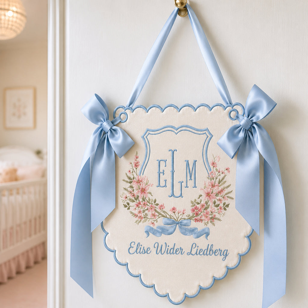 Personalized Embroidered Floral Baby Name Banner, Custom Monogram Nursery Pennant, Hospital Door Announcement, Newborn Nursery Decor Gift BBFLAG03