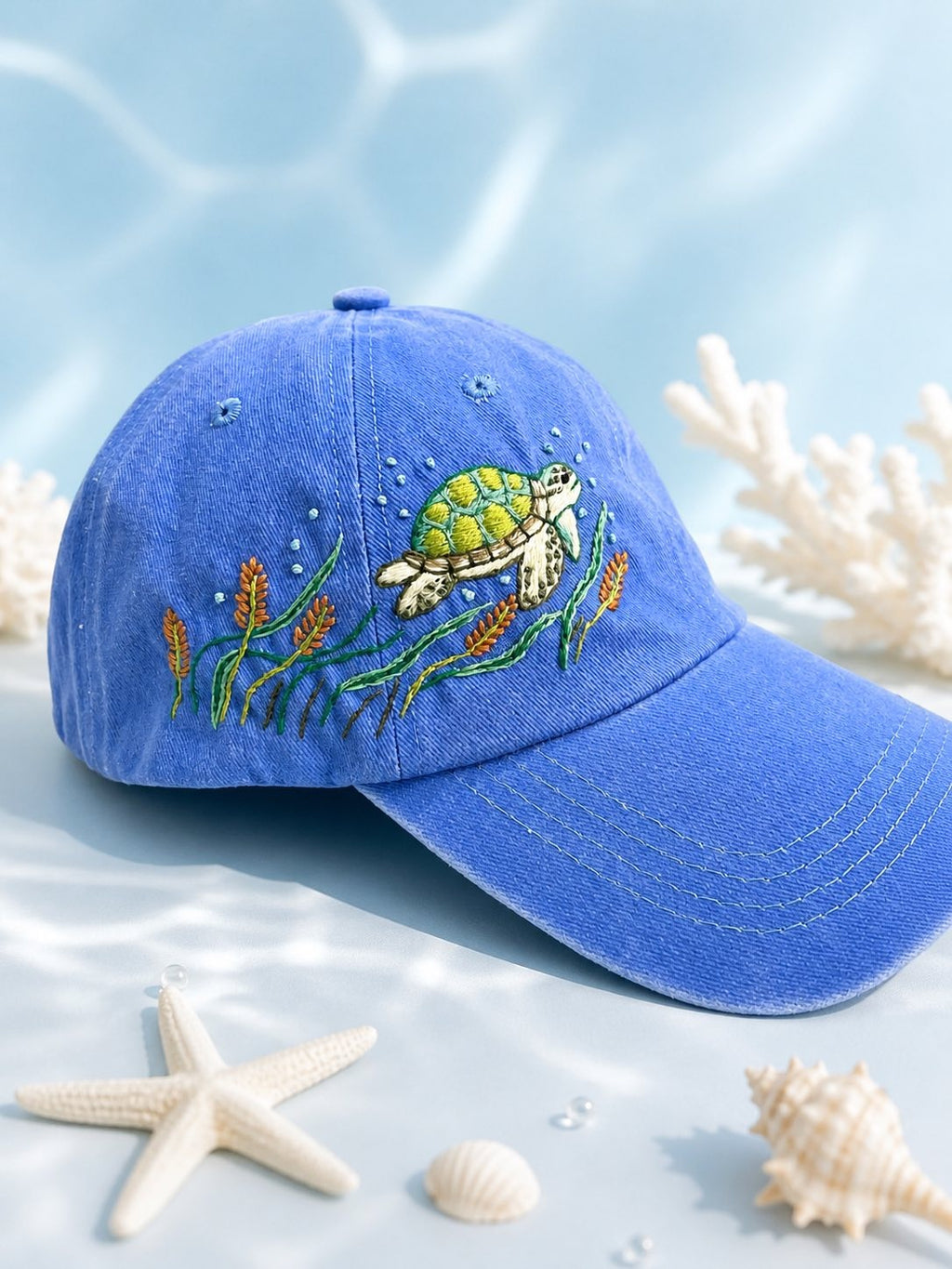 Sea Turtle Hand-Embroidered Baseball Cap, Custom Embroidered Cap, Flower Hand Embroidered Cap, Custom Hat Embroidery, Gift For Her EMH03