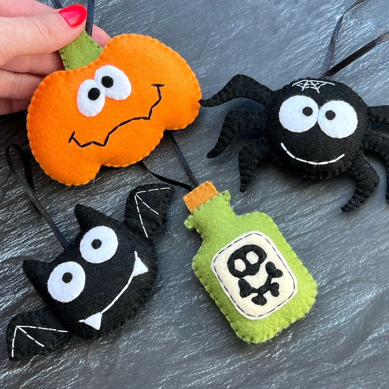 Set 4Pcs - Halloween Handmade Felt Ornament, Cute Spider Pumpkin Felt Hanging Decoration, Spooky Halloween Gift HFOR01