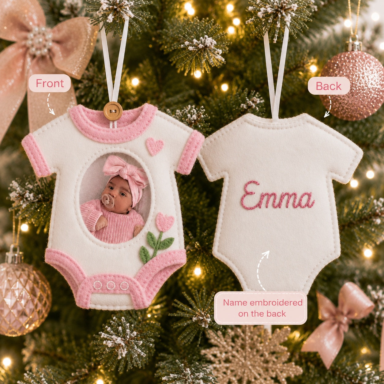 Personalized Baby Photo Felt Ornament, Kid Birthday Ornament, Photo With Ornament, Custom Name Christmas Tree Decoration, Baby’s First Christmas Keepsake, Newborn Gift NHFOR12