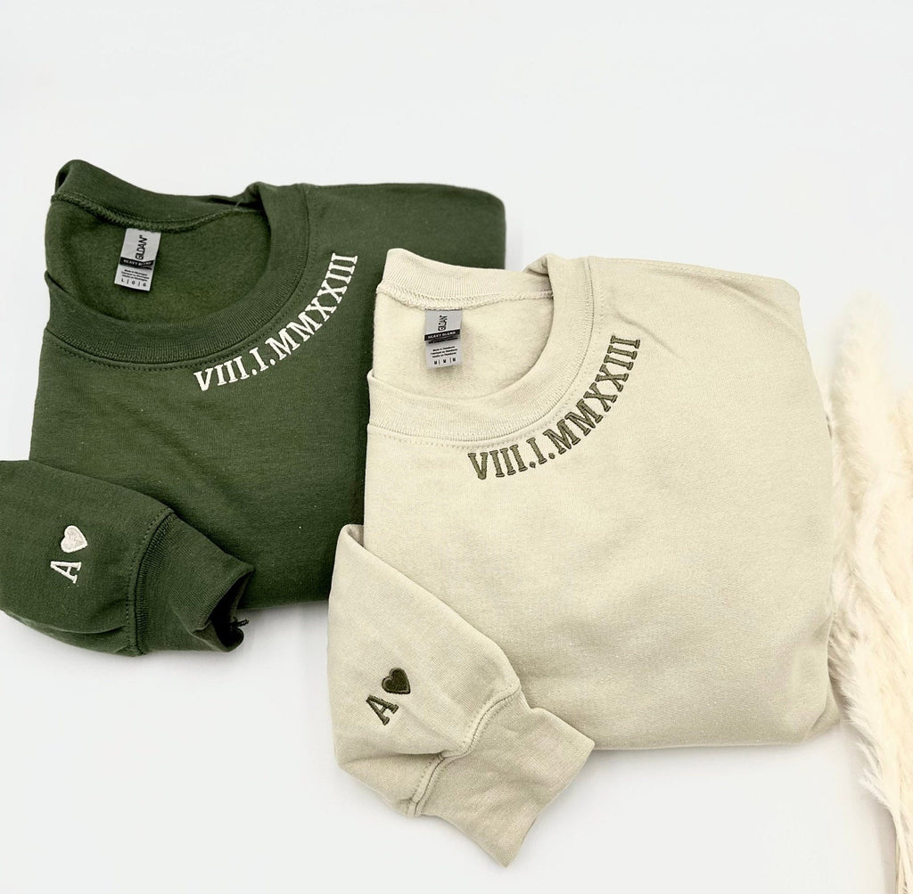 Embroidered Couple Sweatshirt, Personalized Date Sweater, Matching Wedding Gift, Roman Numeral Embroidery, Minimalist Outfit