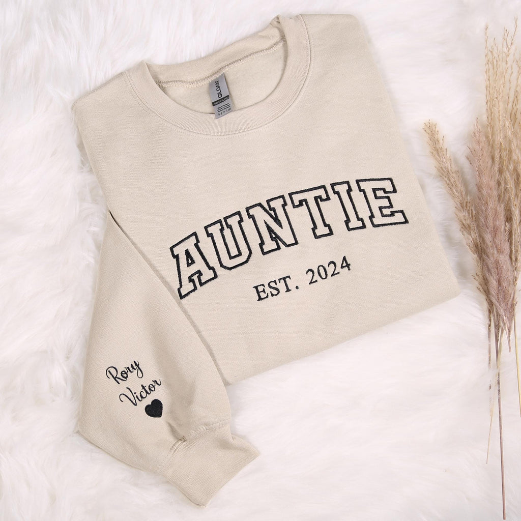 Auntie Est. 2024 Sweatshirt, Custom Embroidery, Personalized Aunt Gift, Cozy Minimalist Sweater, First Time Aunt Outfit