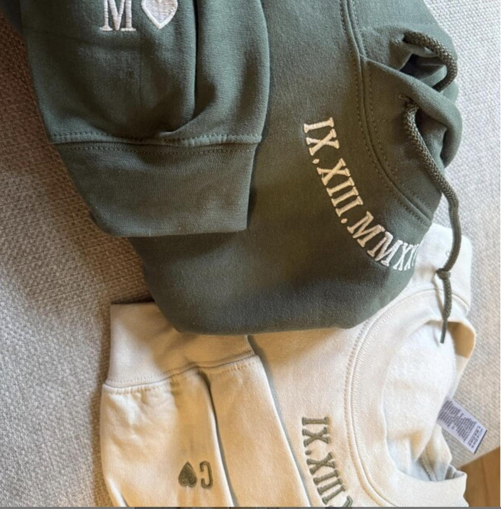 Embroidered Couple Sweatshirt, Personalized Date Sweater, Matching Wedding Gift, Roman Numeral Embroidery, Minimalist Outfit
