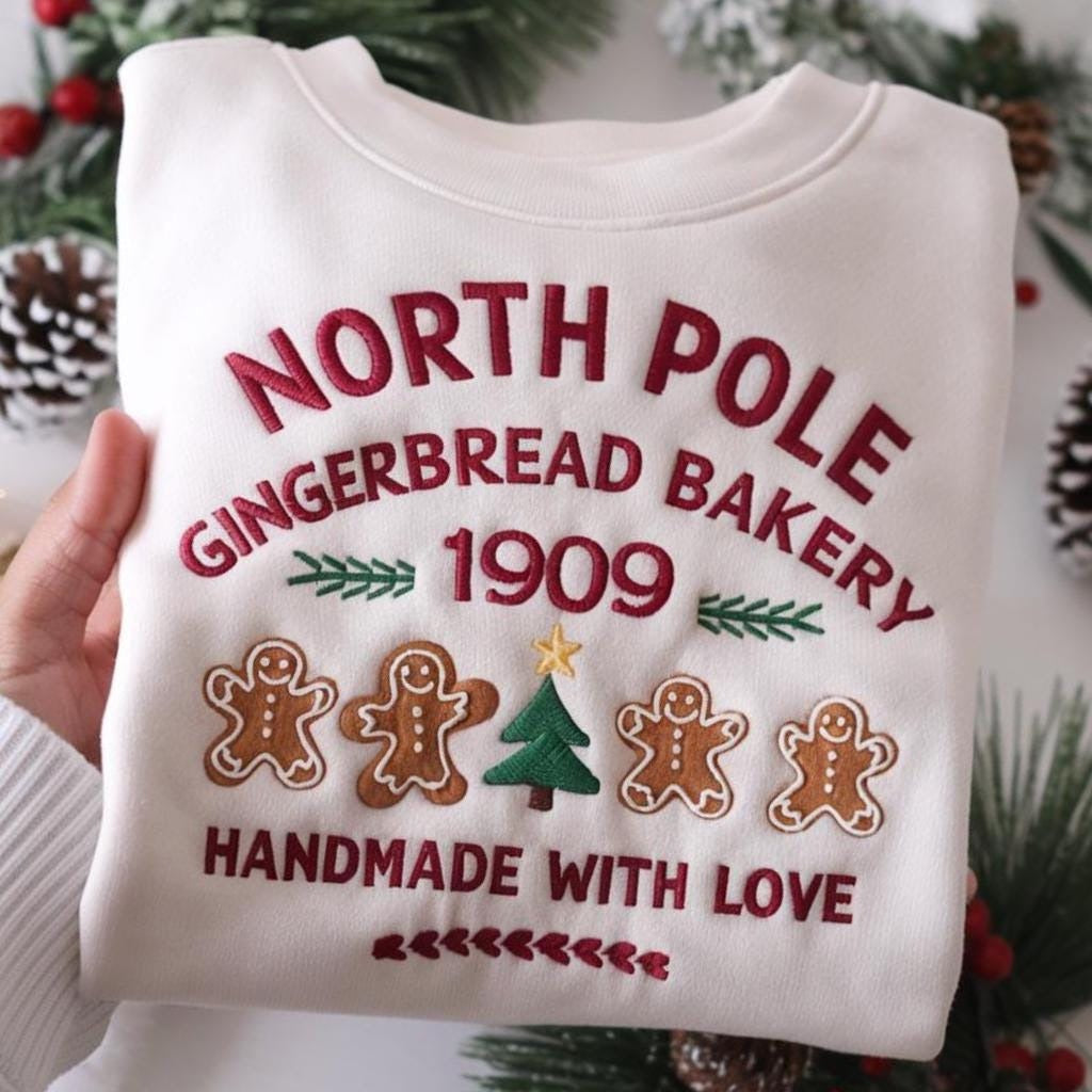 North Pole Gingerbread Bakery Embroidered Sweatshirt, Christmas Crewneck, Cute Holiday Sweater, Gingerbread Shirt, Xmas Gift