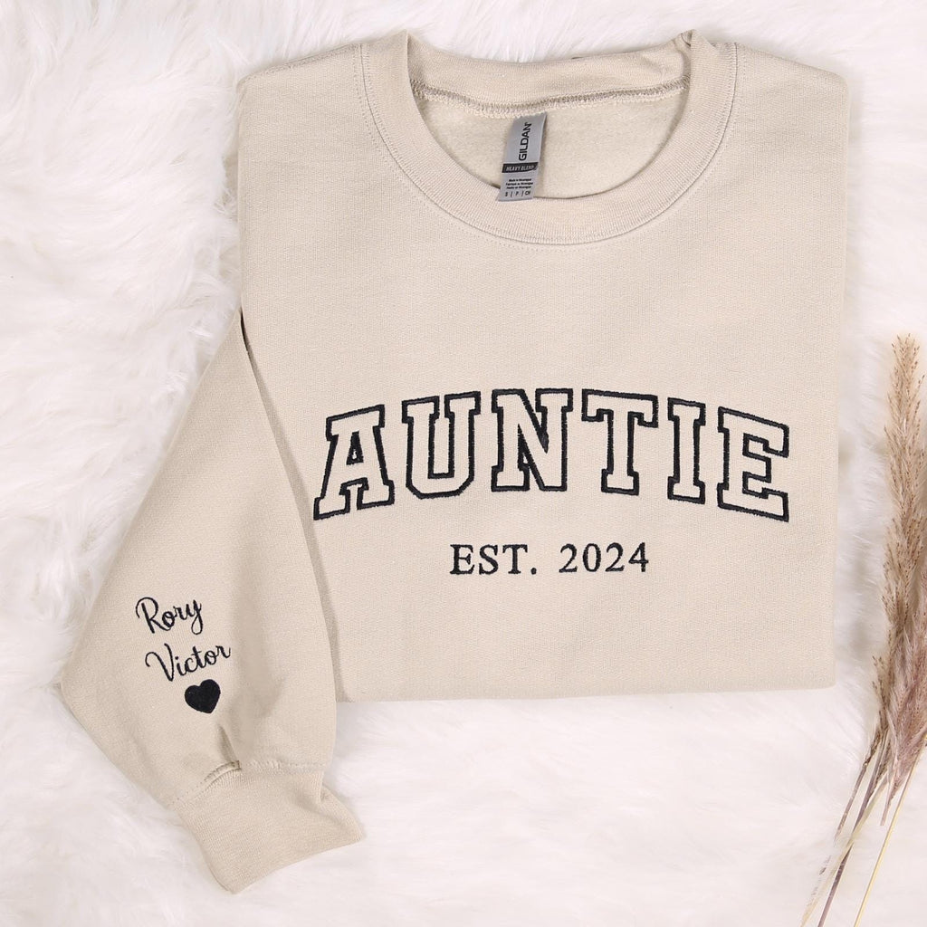 Auntie Est. 2024 Sweatshirt, Custom Embroidery, Personalized Aunt Gift, Cozy Minimalist Sweater, First Time Aunt Outfit