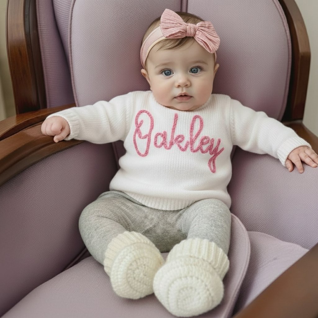 Hand Embroidered Baby Sweater with Name, Personalized Knit Baby Outfit, Cute Sweater, Baby Birthday Gift