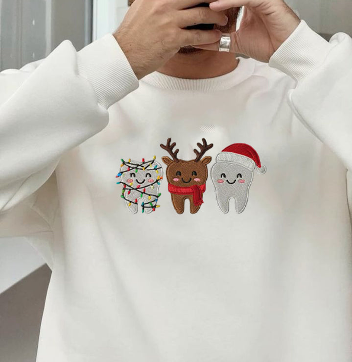 Cute Christmas Tooth Embroidered Sweatshirt, Dentist Holiday Sweater, Reindeer & Santa Shirt, Funny Xmas Crewneck Gift