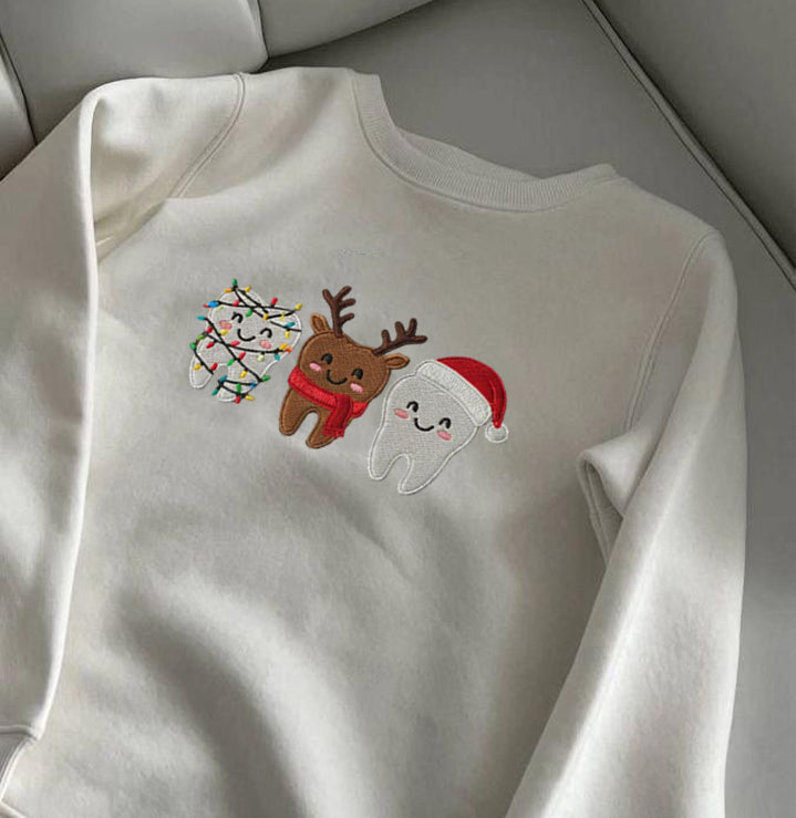 Cute Christmas Tooth Embroidered Sweatshirt, Dentist Holiday Sweater, Reindeer & Santa Shirt, Funny Xmas Crewneck Gift