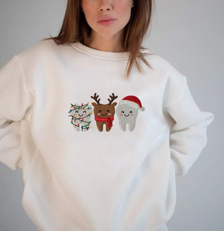 Cute Christmas Tooth Embroidered Sweatshirt, Dentist Holiday Sweater, Reindeer & Santa Shirt, Funny Xmas Crewneck Gift